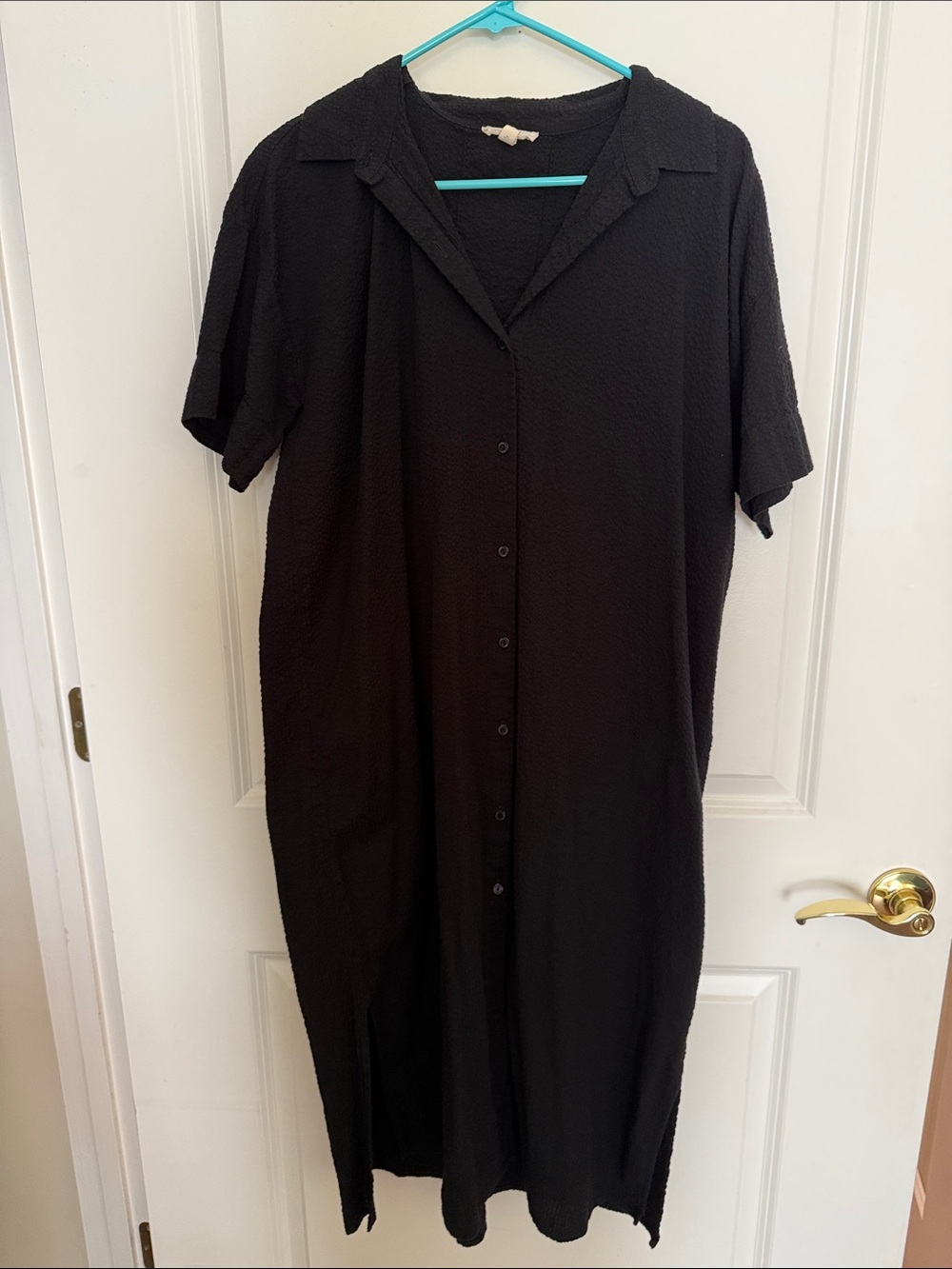 Eileen Fisher black seersucker button-down shirt dress M